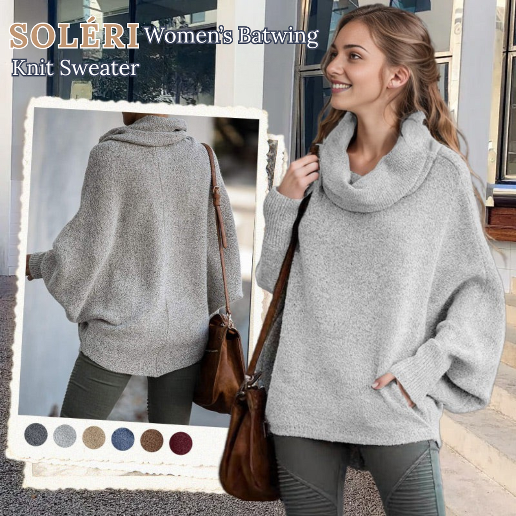 SOLÉRI Women’s Batwing Knit Sweater – Soft Cowl Neck with Pockets