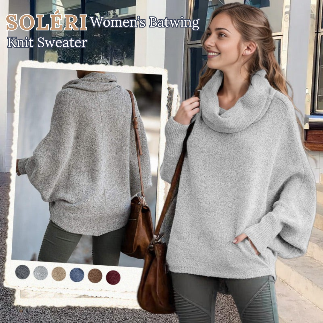 SOLÉRI Women’s Batwing Knit Sweater – Soft Cowl Neck with Pockets