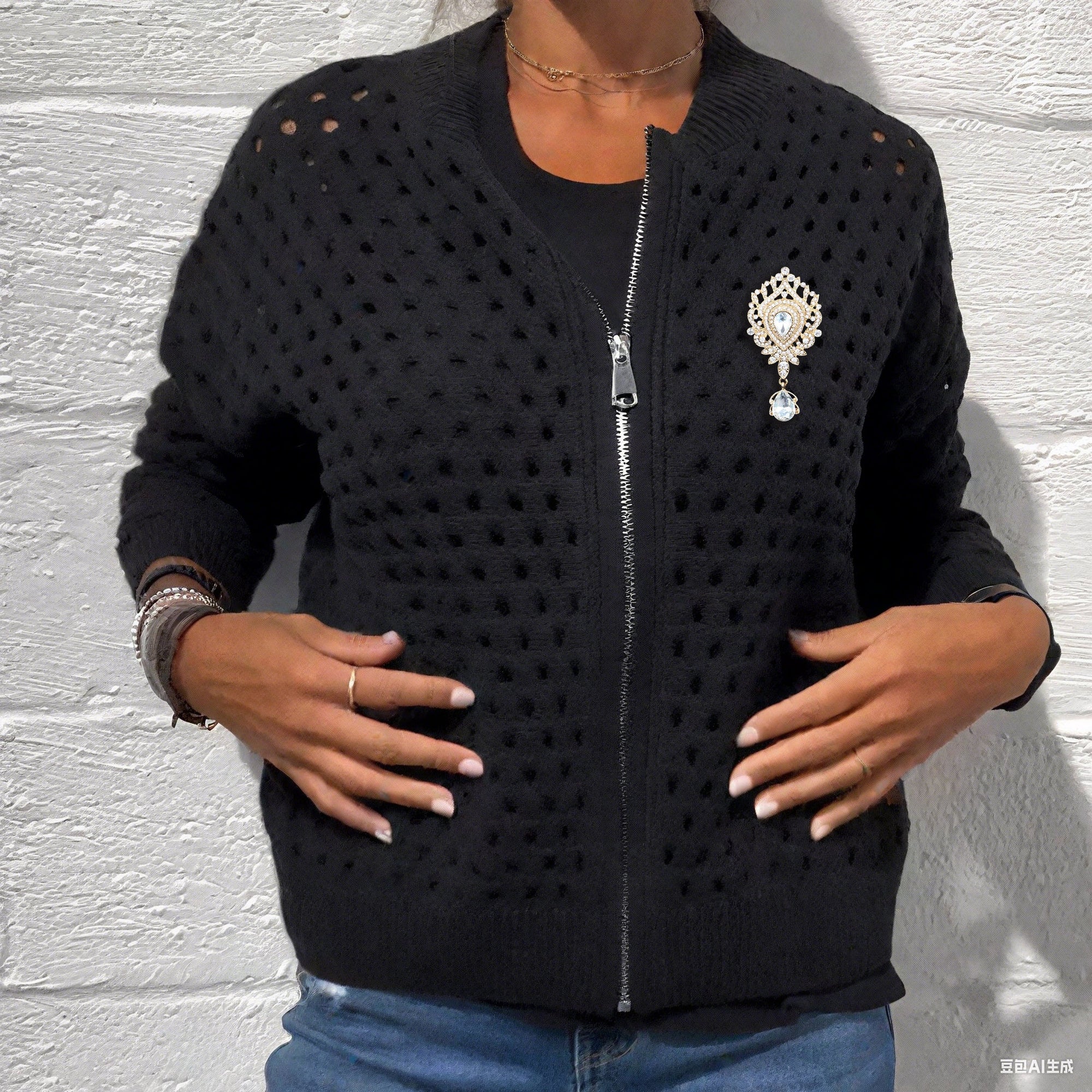 🍃Lässige Strickjacke mit Reißverschluss für Damen mit Hohldesign