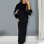 Women’s Colour Block Two-Piece Set – Long Sleeve Top & Split Skirt
