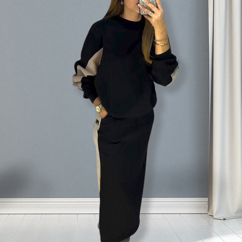 Women’s Colour Block Two-Piece Set – Long Sleeve Top & Split Skirt