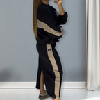 Women’s Colour Block Two-Piece Set – Long Sleeve Top & Split Skirt