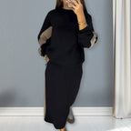 Women’s Colour Block Two-Piece Set – Long Sleeve Top & Split Skirt
