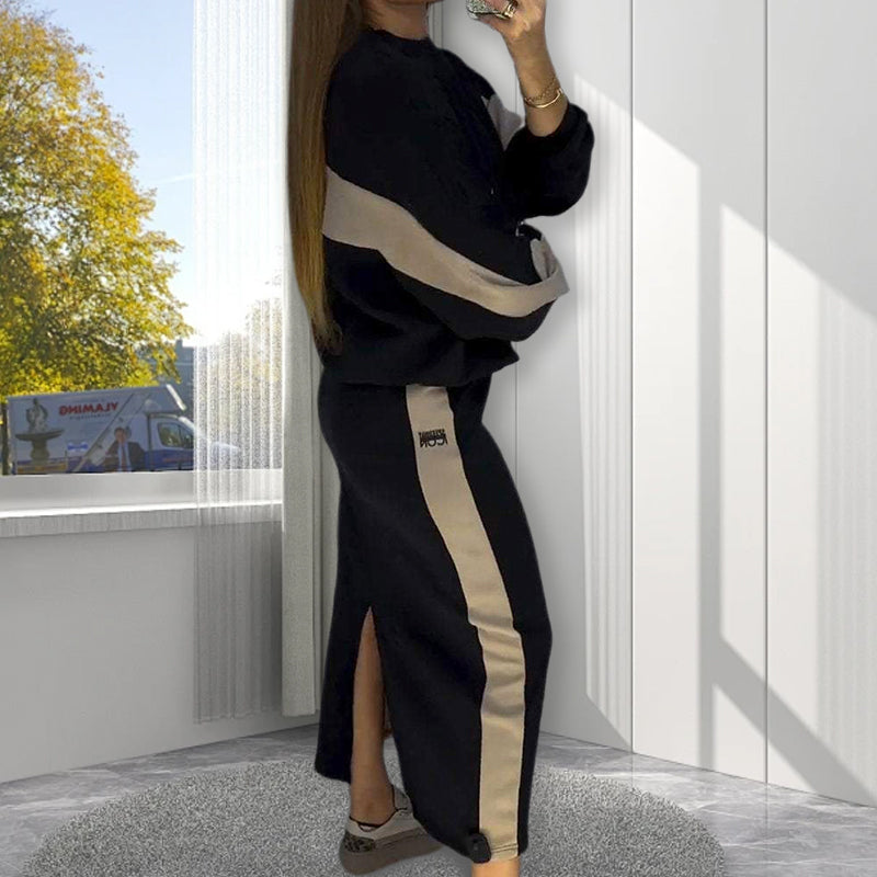 Women’s Colour Block Two-Piece Set – Long Sleeve Top & Split Skirt
