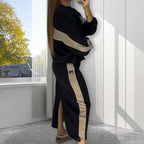 Women’s Colour Block Two-Piece Set – Long Sleeve Top & Split Skirt