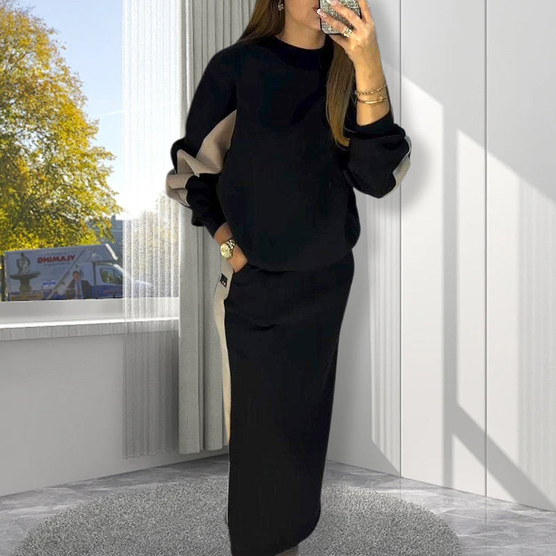 Women’s Colour Block Two-Piece Set – Long Sleeve Top & Split Skirt