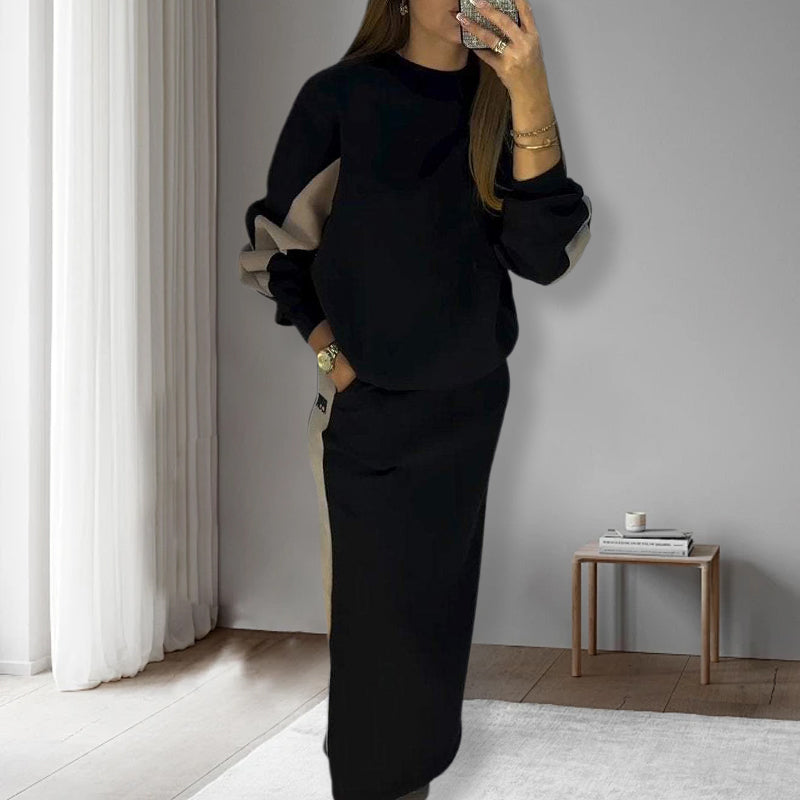 Women’s Colour Block Two-Piece Set – Long Sleeve Top & Split Skirt