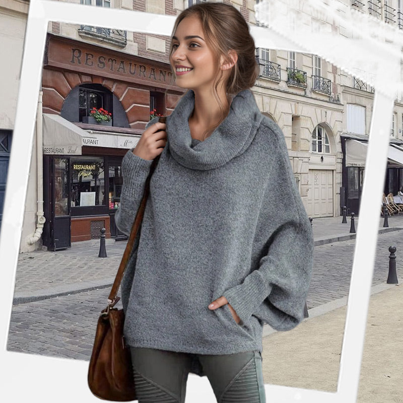 SOLÉRI Women’s Batwing Knit Sweater – Soft Cowl Neck with Pockets